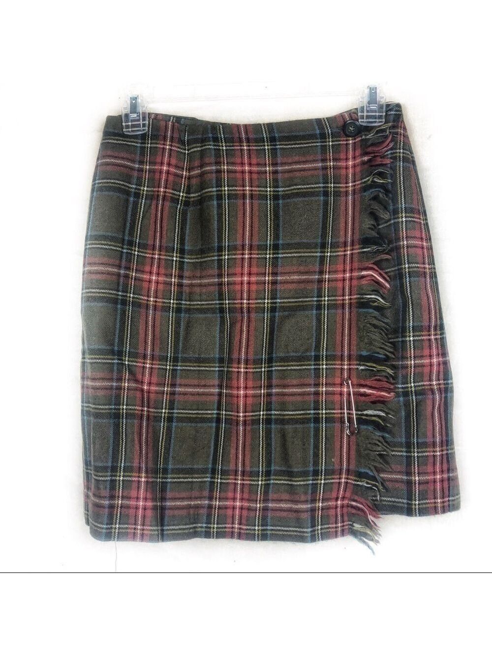 EUC-VINTAGE Rafaella Wool, Green/Orange Plaid, Fringe, Button Closure Wrap Skirt